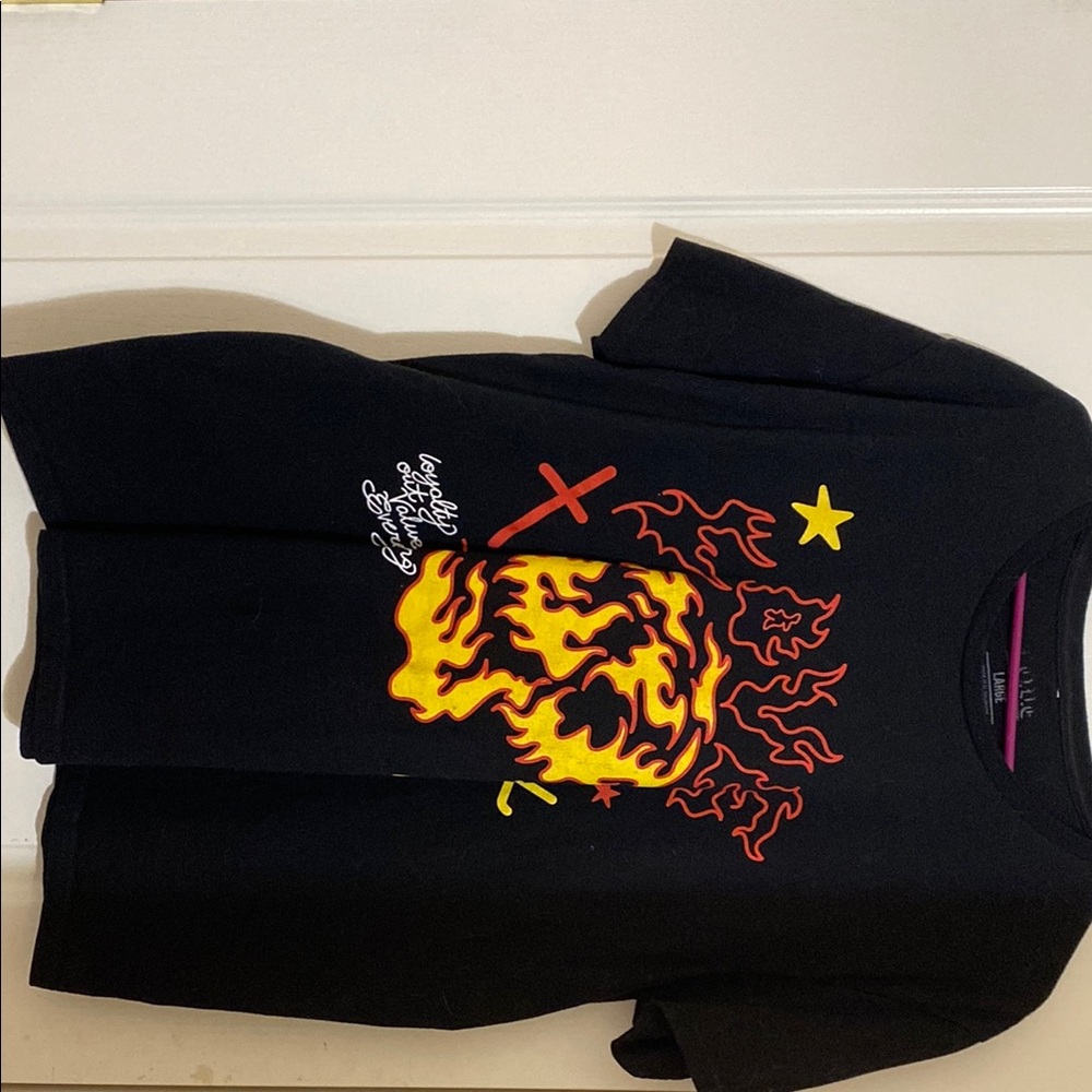 Black T-Shirt with Flame Skull Design